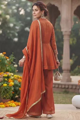 women's vichita silk embroidered anarkali kurta with palazzo and dupatta set