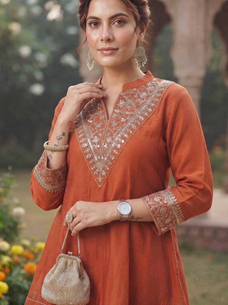 women's vichita silk embroidered anarkali kurta with palazzo and dupatta set