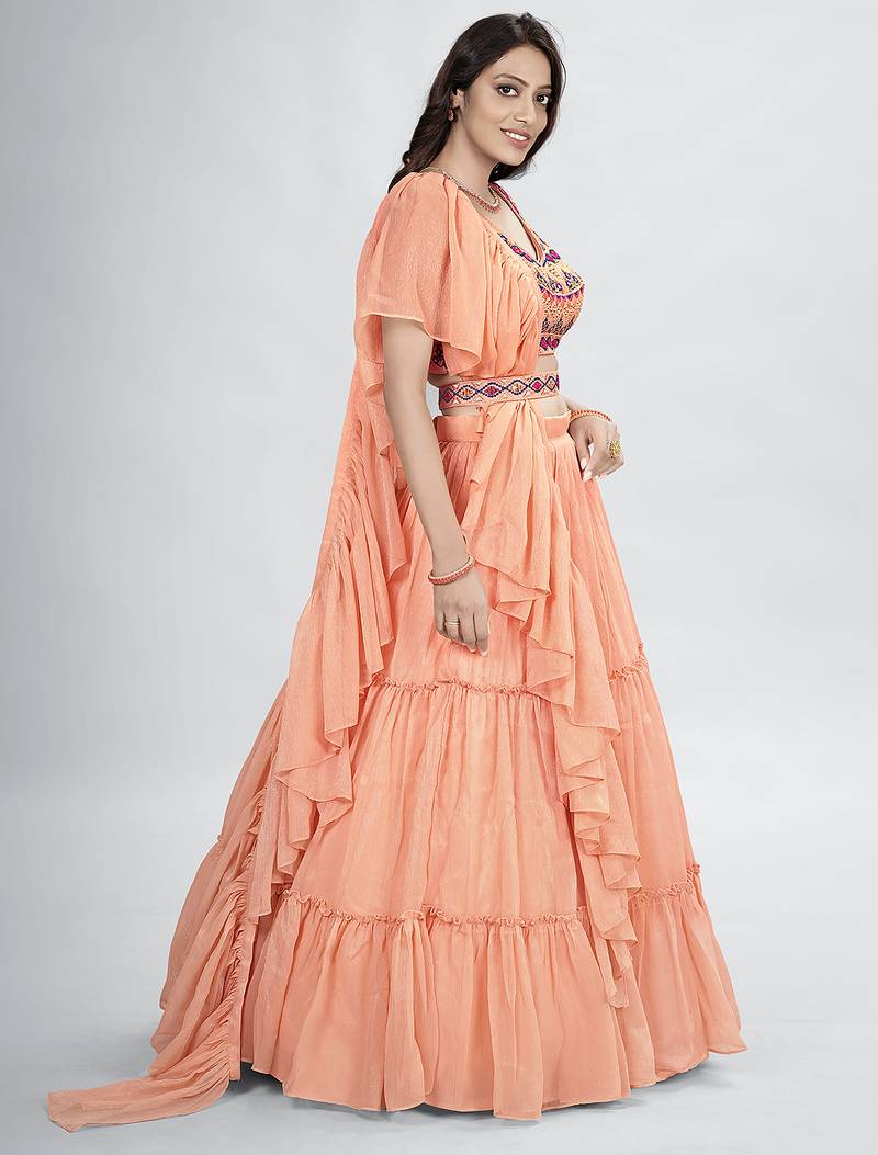 Peach lehenga with sphagetti blouse