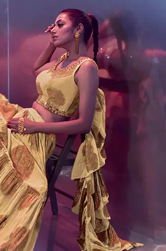  Beige Ruffle Embroidered Lehenga Choli