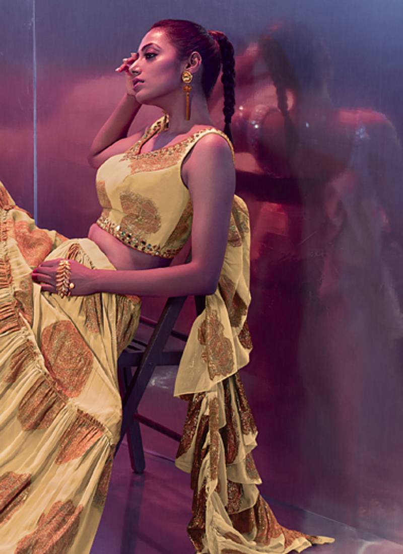  Beige Ruffle Embroidered Lehenga Choli