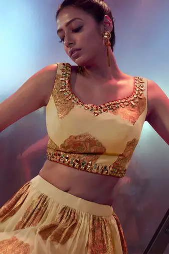  Beige Ruffle Embroidered Lehenga Choli