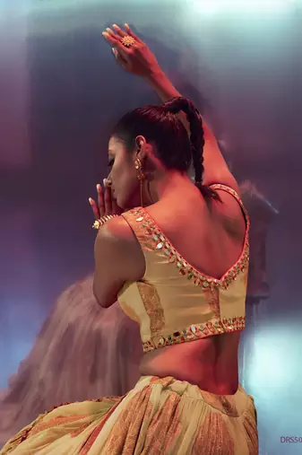  Beige Ruffle Embroidered Lehenga Choli