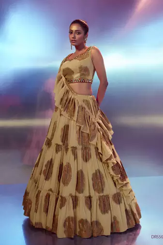  Beige Ruffle Embroidered Lehenga Choli