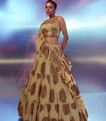  Beige Ruffle Embroidered Lehenga Choli