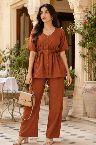  women's pink solid short sleeve top with elastic waist trousers co-ord