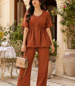  women's pink solid short sleeve top with elastic waist trousers co-ord
