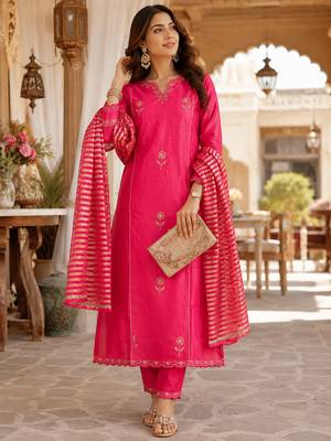 women's shimmer silk blend embroidered kurta pant dupatta set 1