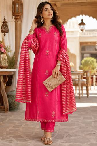 women's shimmer silk blend embroidered kurta pant dupatta set