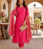 women's shimmer silk blend embroidered kurta pant dupatta set