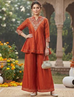 women's vichita silk embroidered anarkali kurta with palazzo and dupatta set 5