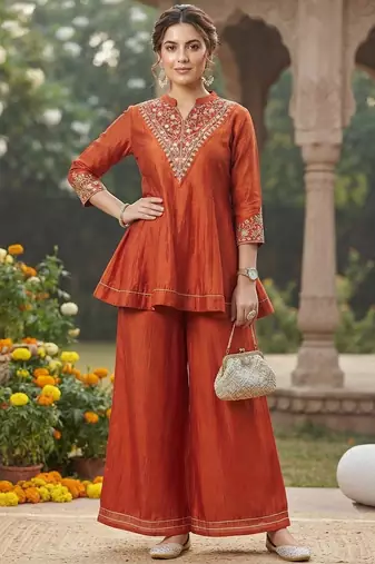 women's vichita silk embroidered anarkali kurta with palazzo and dupatta set