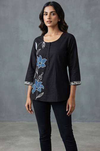 Elegant black floral embroidered short kurti