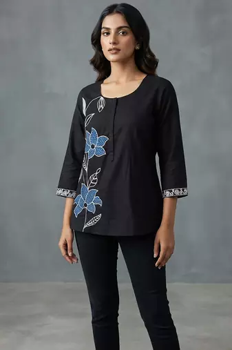 Elegant black floral embroidered short kurti