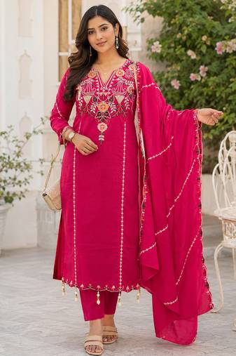 women's chanderi silk embroidered straight kurta set with dupatta