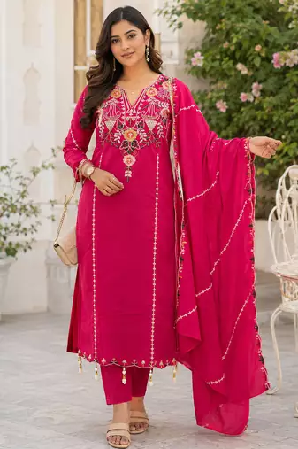 women's chanderi silk embroidered straight kurta set with dupatta