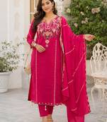 women's chanderi silk embroidered straight kurta set with dupatta