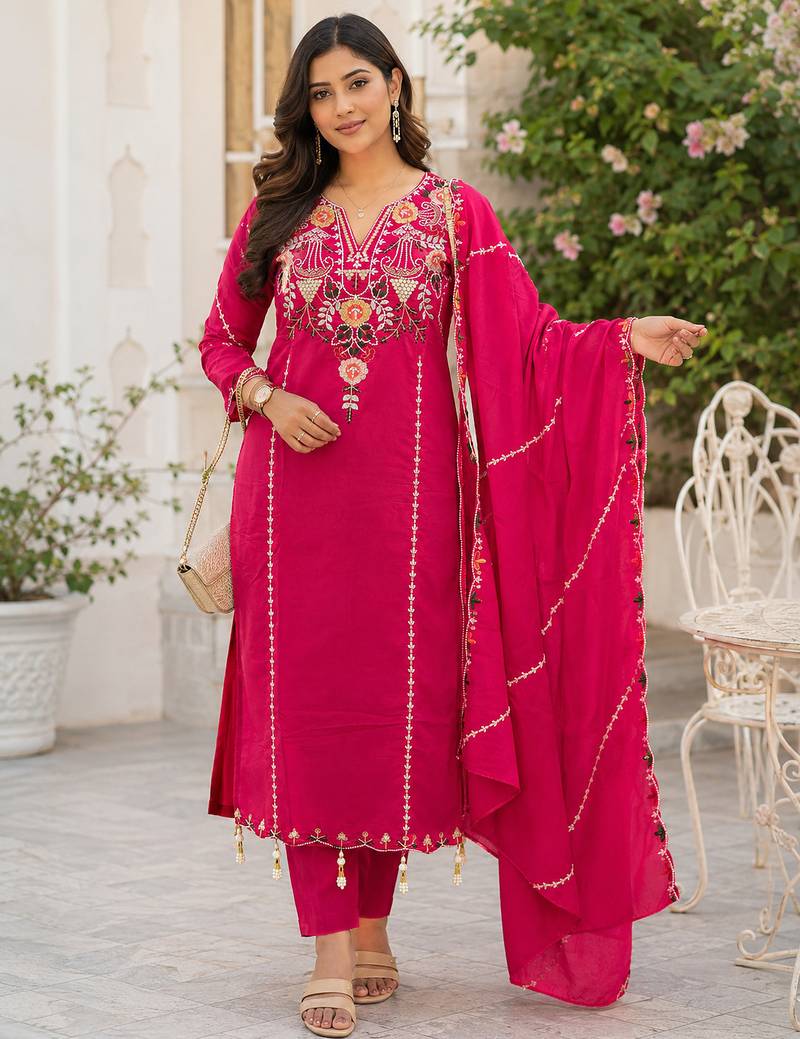 women's chanderi silk embroidered straight kurta set with dupatta