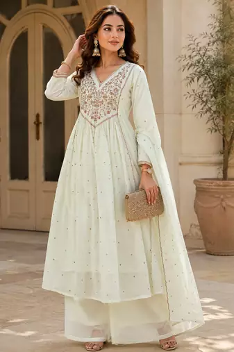 women's premium georgette embroidered kurta set with dupatta