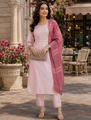 women's art silk embroidered kurta set with dupatta 1