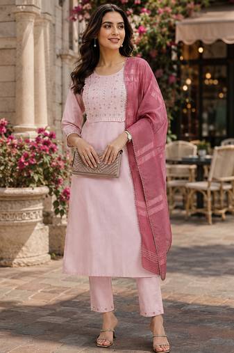 women's art silk embroidered kurta set with dupatta