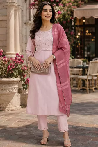 women's art silk embroidered kurta set with dupatta