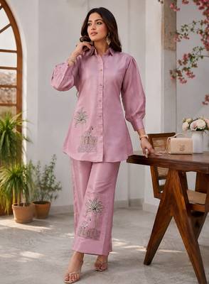 women's dusty rose shimmer satin embroidered co-ord set 1