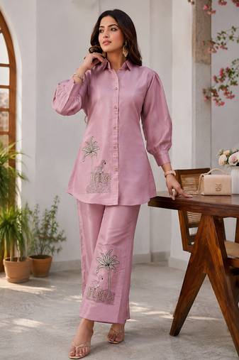women's dusty rose shimmer satin embroidered co-ord set