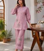women's dusty rose shimmer satin embroidered co-ord set