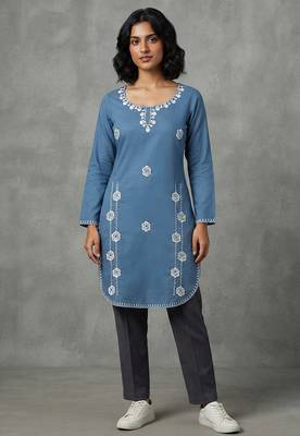 Blue embroidered kurti with dark trousers 1