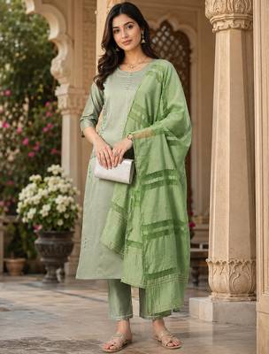women's art silk fabric embroidered kurta set with dupatta 1