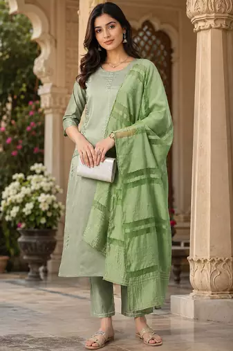 women's art silk fabric embroidered kurta set with dupatta