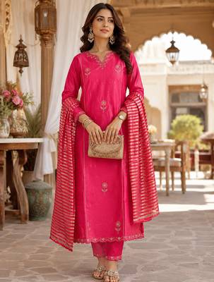 women's shimmer silk blend embroidered kurta pant dupatta set 2