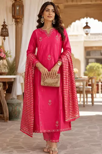 women's shimmer silk blend embroidered kurta pant dupatta set