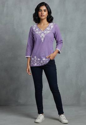Elegant lavender floral embroidered short kurti 1
