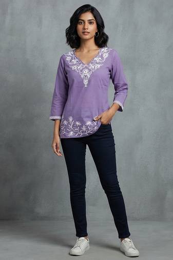 Elegant lavender floral embroidered short kurti