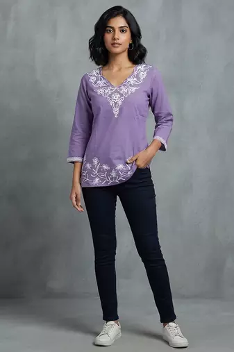 Elegant lavender floral embroidered short kurti