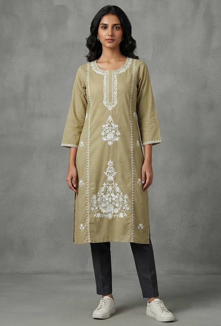 Elegant olive green embroidered kurti