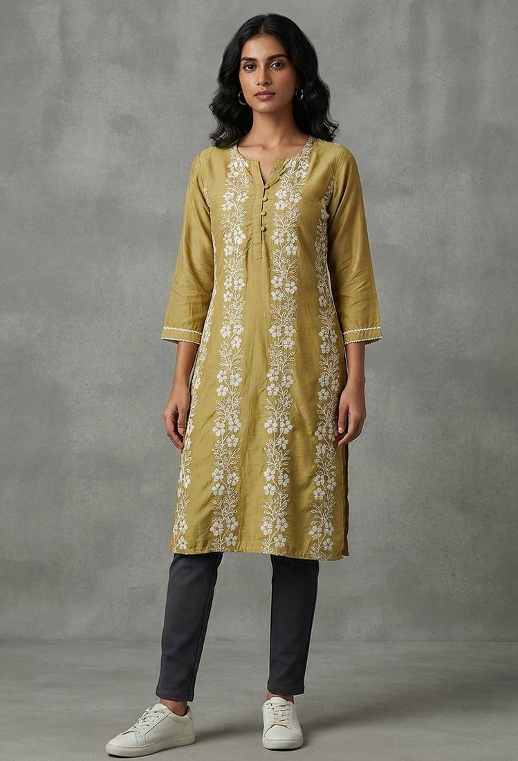 Olive green floral embroidered kurti