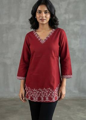 Elegant red and white embroidered short kurti 1