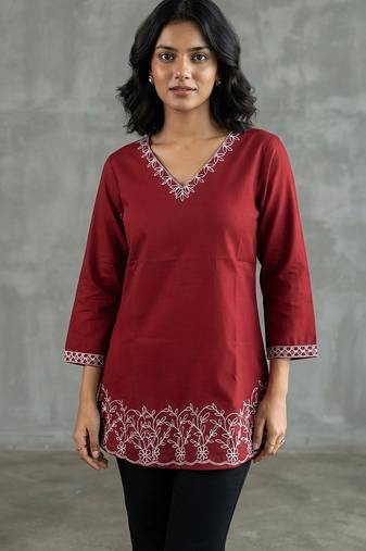 Elegant red and white embroidered short kurti