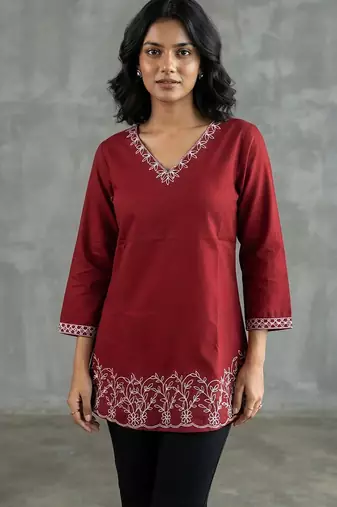 Elegant red and white embroidered short kurti