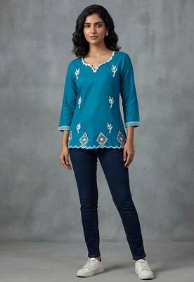 Teal embroidered scalloped short kurti 1