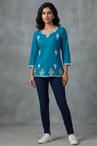 Teal embroidered scalloped short kurti