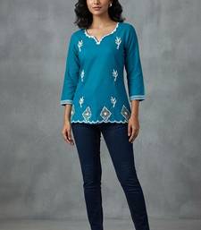Teal embroidered scalloped short kurti