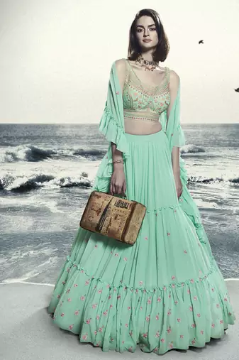 Seafoam Blue Floral Embroidered Lehenga Choli Set
