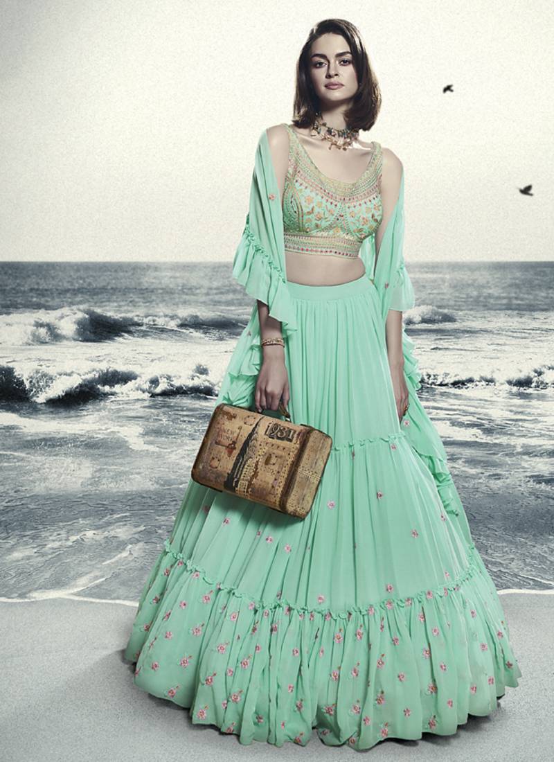 Seafoam Blue Floral Embroidered Lehenga Choli Set