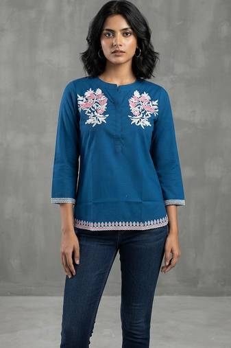 Classic blue floral embroidered short kurti