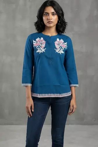 Classic blue floral embroidered short kurti