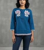 Classic blue floral embroidered short kurti